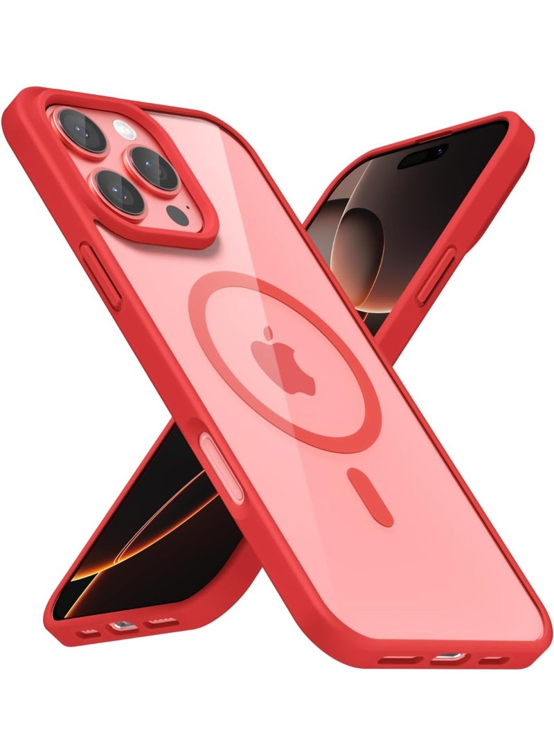 جراب مغناطيسي شفاف لهاتف آيفون 16 برو [مقاوم للصدمات ونحيف] غطاء خلفي صلب شفاف مع حماية عالية الجودة | أحمر